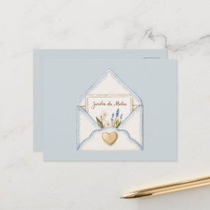 French Light Blue Cream Envelope Heart Floral Postcard