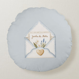 French Light Blue Cream Envelope Heart Floral   Round Cushion