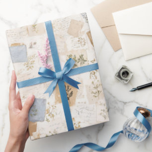 French Light Blue Envelope Heart Floral Birthday Wrapping Paper