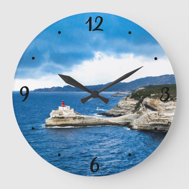 French lighthouse on a white cliff photo large clock (Front)