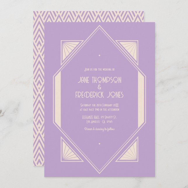 French Lilac & Champagne Art Deco Wedding Photo Invitation (Front/Back)
