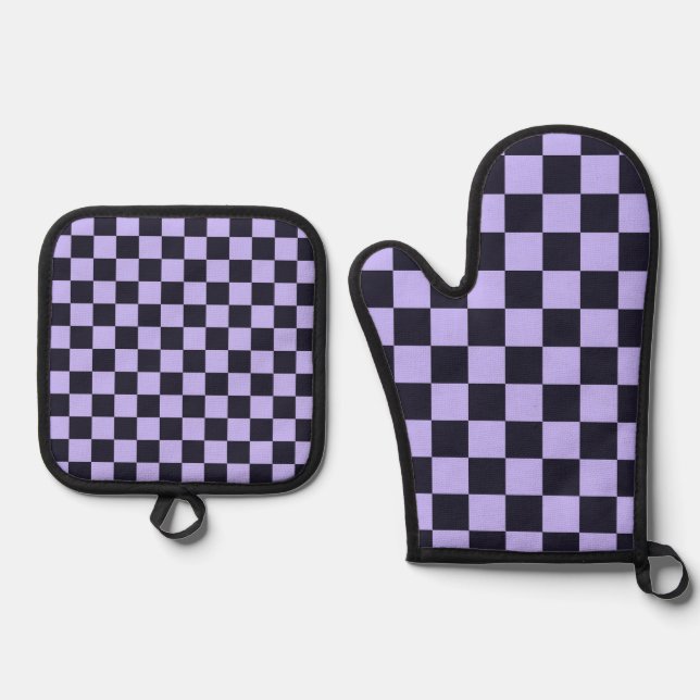 French lilac checkerboard pattern oven mitt & pot holder set (Front)