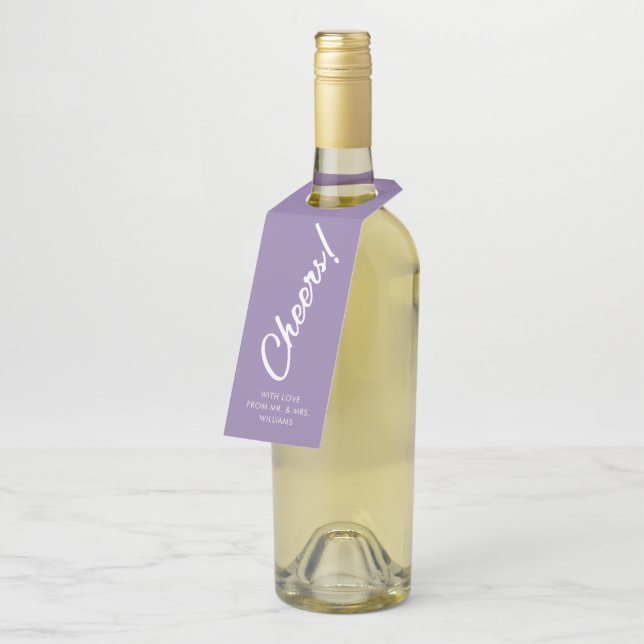 French Lilac Handwritten Script Cheers Bottle Tag (Angled)