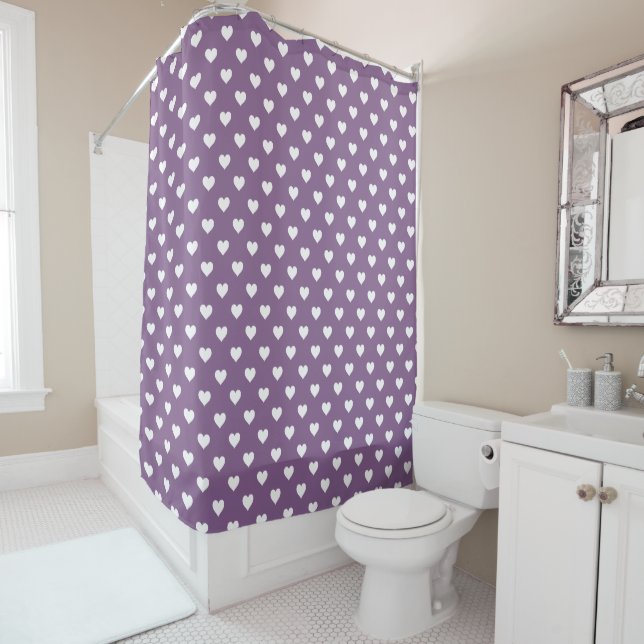 French Lilac Modern Hearts Pattern Shower Curtain (In Situ)