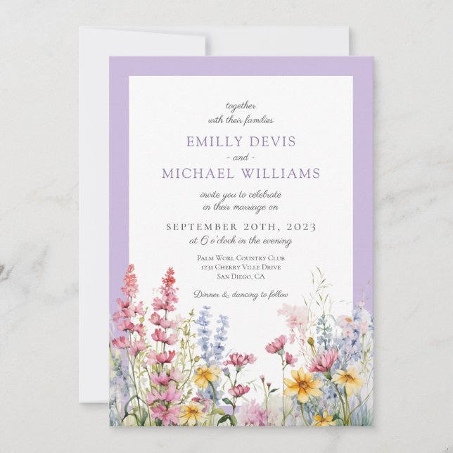 French Lilac Wildflower Wedding Invitation (Front)