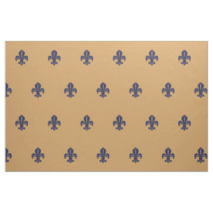 French lily, fleur de lis, blue on tan fabric