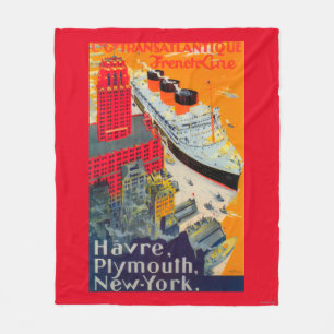 French Line Travel Poster, Havre to Plymouth, NY Fleece Blanket