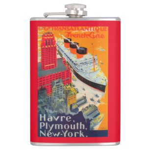 French Line Travel Poster, Havre to Plymouth, NY Hip Flask