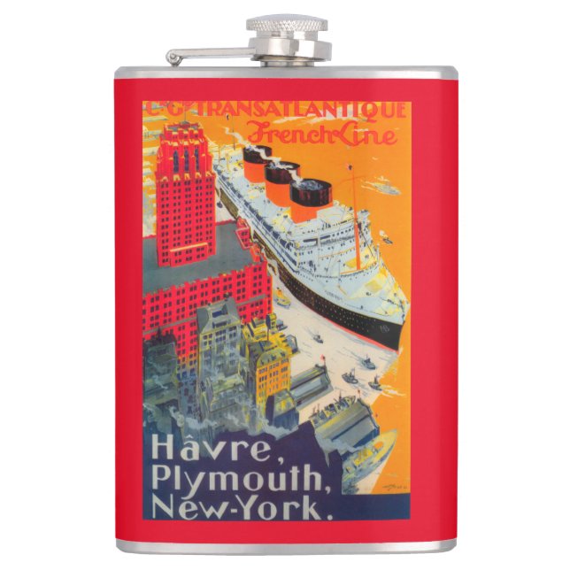 French Line Travel Poster, Havre to Plymouth, NY Hip Flask (Front)