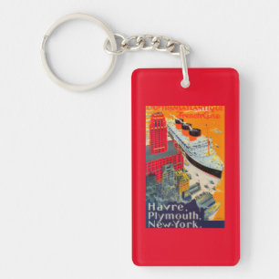 French Line Travel Poster, Havre to Plymouth, NY Key Ring