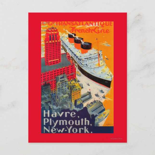 French Line Travel Poster, Havre to Plymouth, NY Postcard (Front)