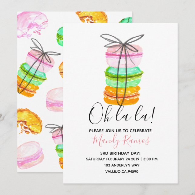 French macaron birthday party invitation (Front/Back)