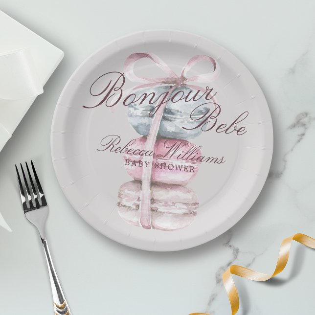 French Macaron Bonjour Bebe Baby shower Paper Plate (Creator Uploaded)