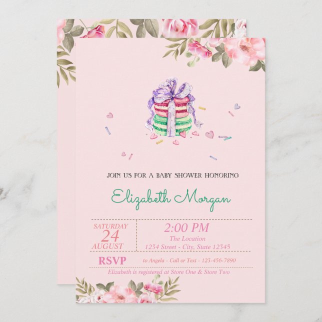 French Macarons, Floral Baby Shower Invitation (Front/Back)