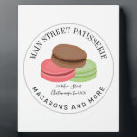 French Macarons Food Business Patisserie Address Plaque<br><div class="desc">Circle logo with chocolate,  pink,  and green macarons with custom text for business name,  address,  and tagline with gray border.</div>