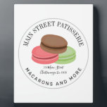 French Macarons Food Business Patisserie Address Plaque<br><div class="desc">Circle logo with chocolate,  pink,  and green macarons with custom text for business name,  address,  and tagline with gray border.</div>