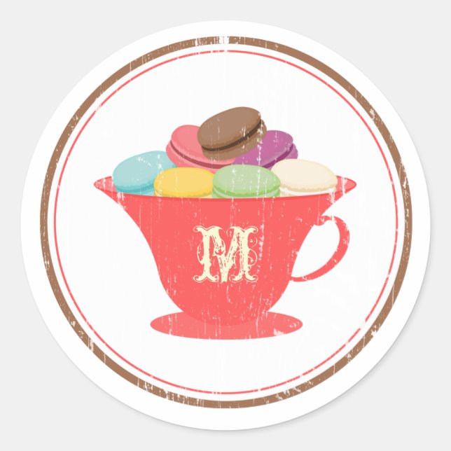 French Macarons In Red Teacup Monogram Sticker (Front)