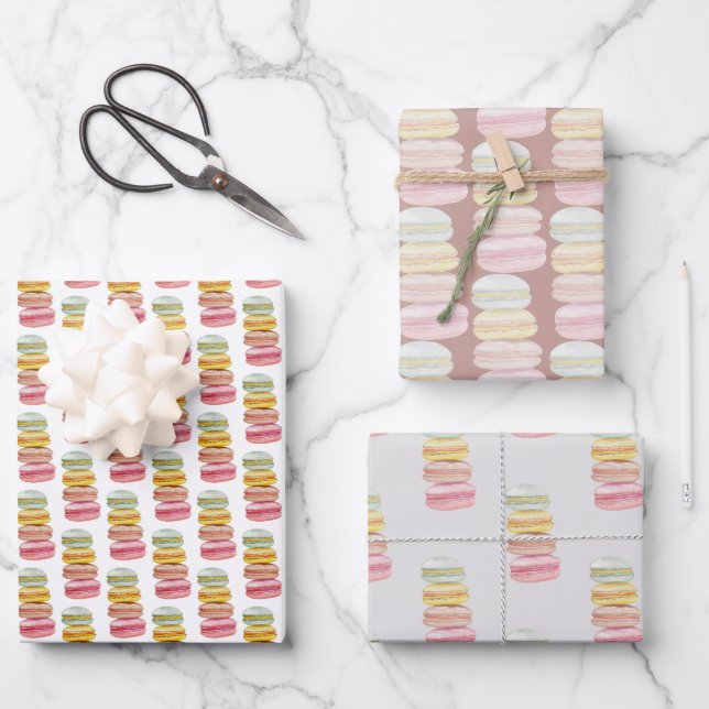 French Macarons Watercolor Hand-painted Wrapping Paper Sheet (Front)