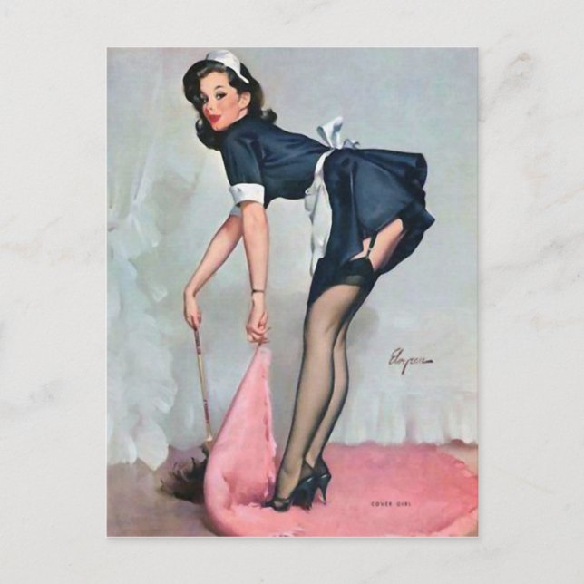 French Maid Sweeping Pin Up Postcard (Front)