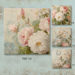 French Market Flower Vintage Floral Pink and White Ceramic Tile