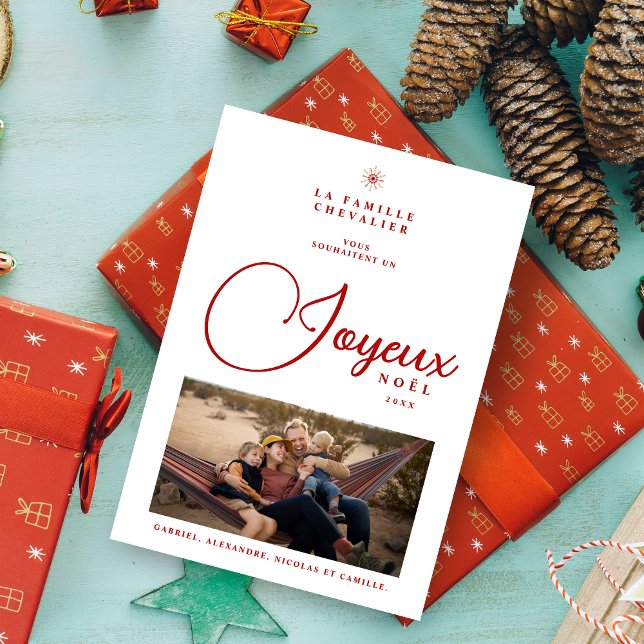 French Modern Joyeux Noël Snowflake Photo Holiday  Card (French Modern Joyeux Noël Snowflake Photo in Red and faux Gold Holiday Card with Envelope. )