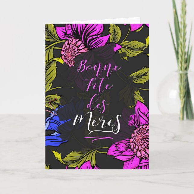 FRENCH Mother's Day Bold Botanical Blooms on Black Card (Front)