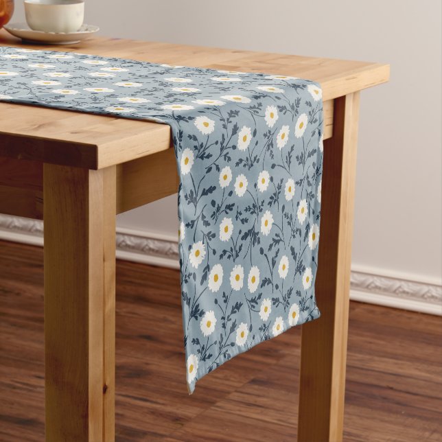French Navy Blue Modern Farmhouse Daisy Pattern Short Table Runner (In Situ)