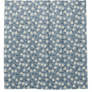 French Navy Blue Modern Farmhouse Daisy Pattern Shower Curtain