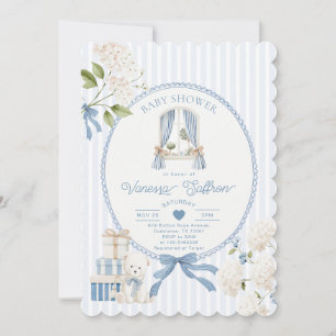 French Nursery Baby Boy Shower Coquette Stripe Bow Invitation