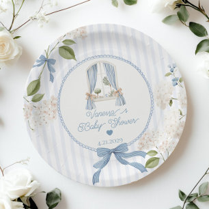 French Nursery Baby Shower Blue Stripes Bow Paper Plate