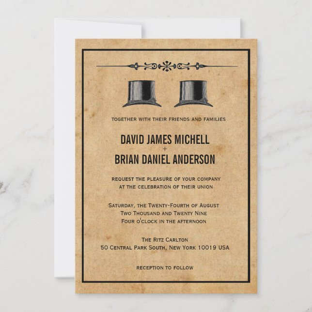 French Ornate Vintage Top Hat Gay Wedding Invites (Front)