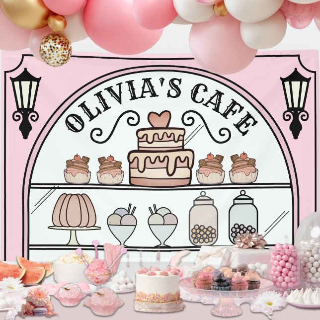 French Parisian Cafe shop window Birthday Backdrop Banner (Emily in Paris theme Cafe window for any Tea Party event)