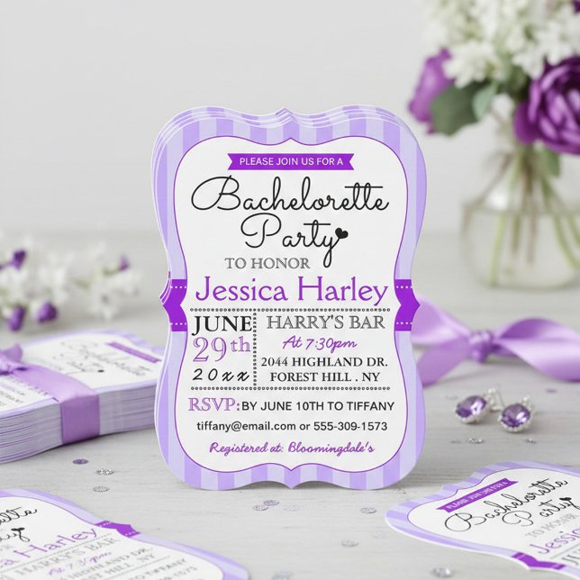 French Parisian Purple Stripes Bachelorette Party Invitation (Creator Uploaded)