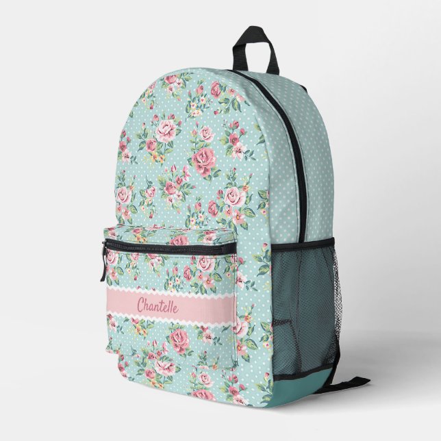 French Pastel Mint Green Blush Pink Roses Pattern Printed Backpack (Back Corner Right)