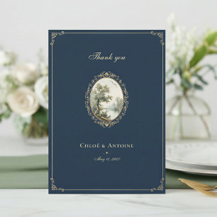 French Pastoral Navy Blue & Gold Wedding Thank You Card