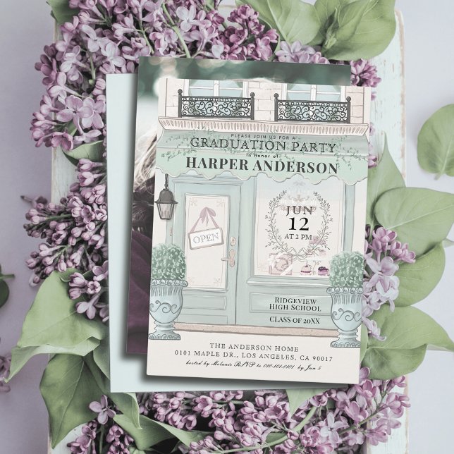 French Patisserie Paris Green Graduation Photo Invitation (Creator Uploaded)