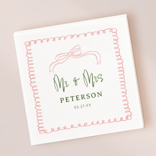 French Pink and Green Mr & Mrs Wedding Monogram Napkin (Creator Uploaded)
