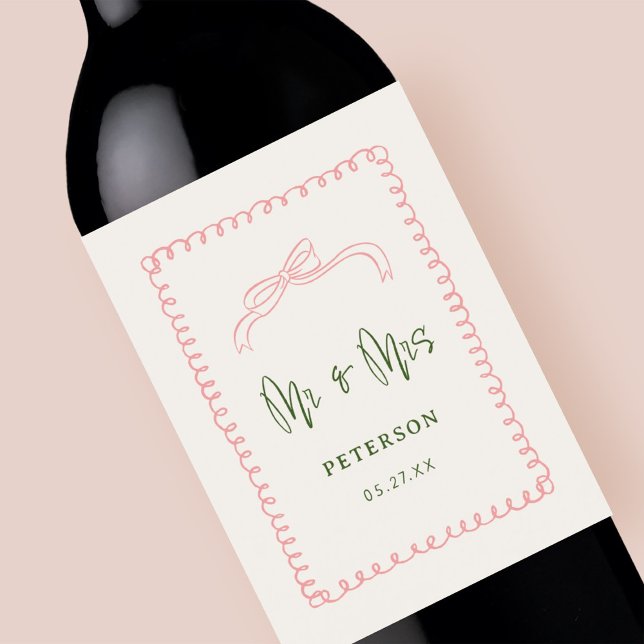 French Pink and Green Mr & Mrs Wedding Monogram Wine Label (Creator Uploaded)