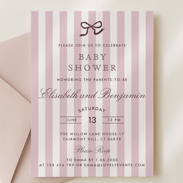 French Pink Bow & Stripes Baby Shower Invitation (Creator Uploaded)