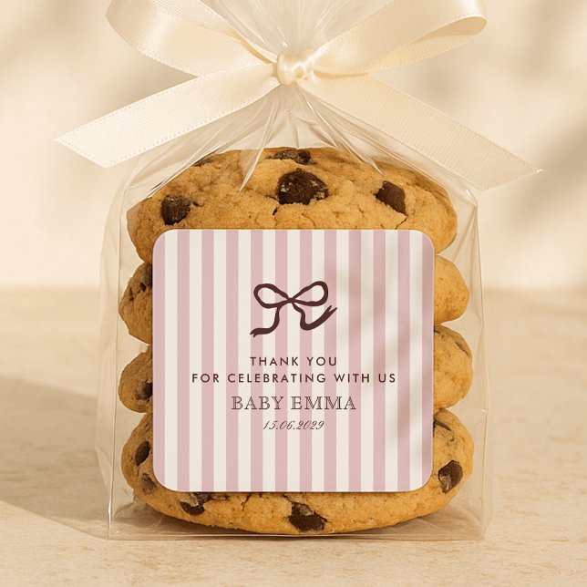 French Pink Bow & Stripes Baby Shower  Square Sticker (Creator Uploaded)