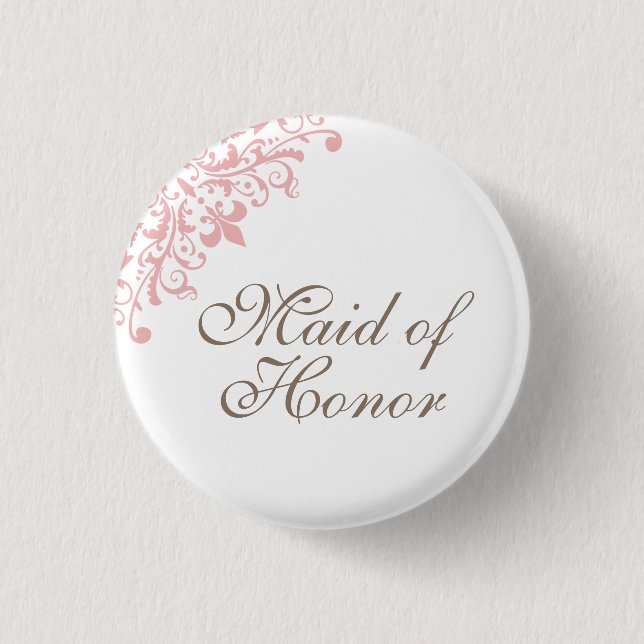French Pink Fleur de Lis Script Maid of Honour 3 Cm Round Badge (Front)