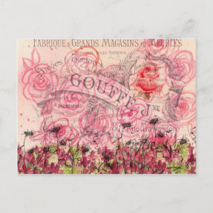 French Pink Rose Flower Watercolor Collage Postcard
