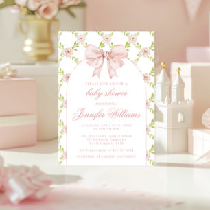 French Pink Roses Bow Spring Baby Girl Shower Invitation