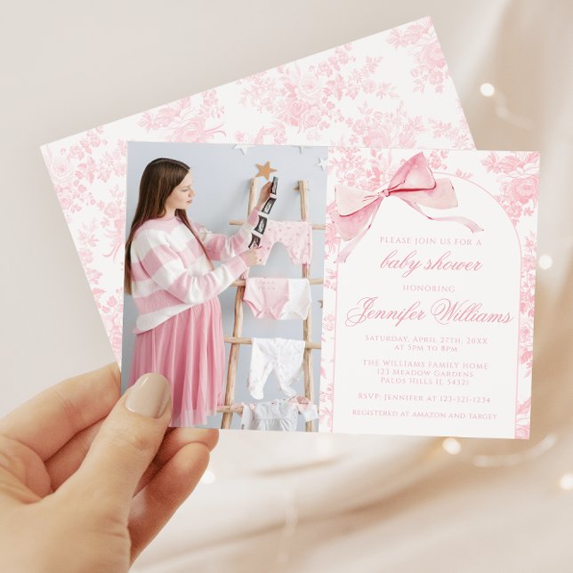 French Pink Toile Bow Baby Girl Shower Photo Invitation (Creator Uploaded)
