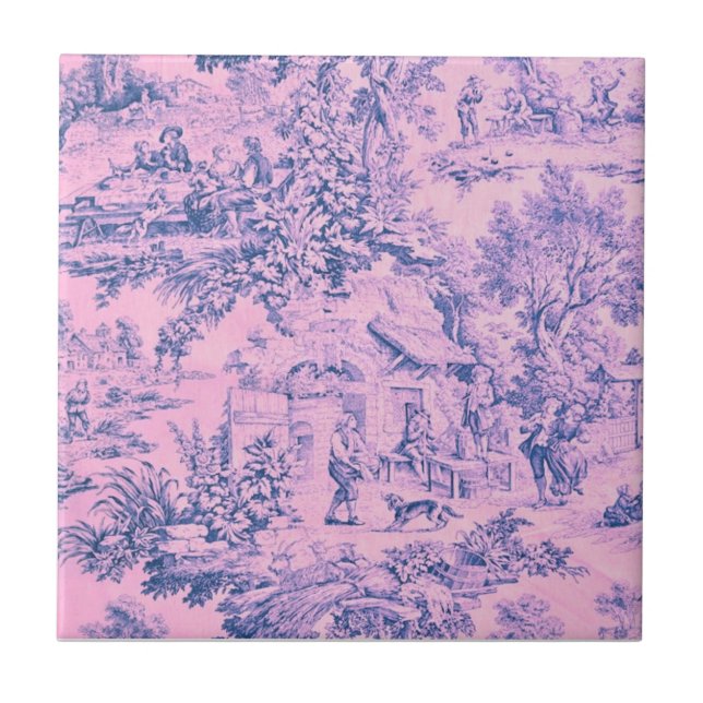 French Pink Toile Chinoiserie Rustic Rococo Style Ceramic Tile (Front)