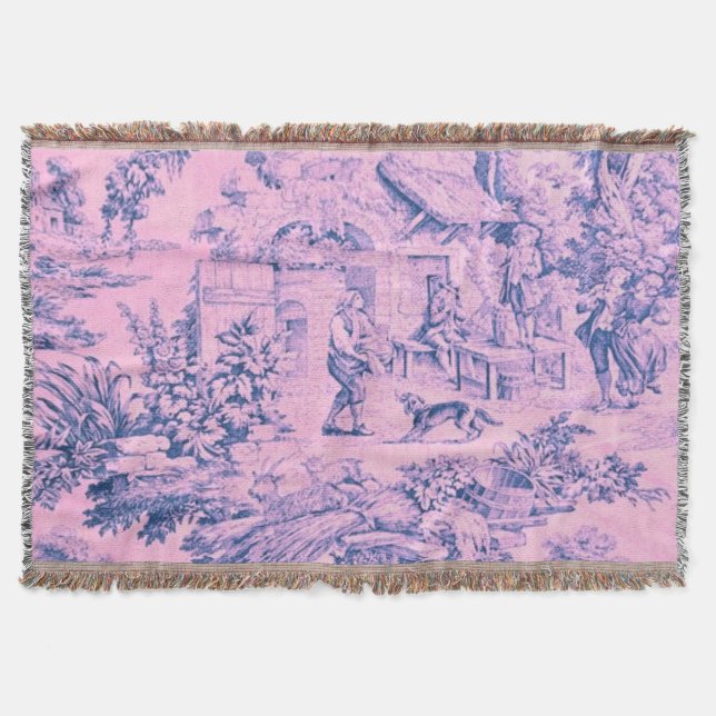 French Pink Toile Chinoiserie Rustic Rococo Style Throw Blanket (Front)