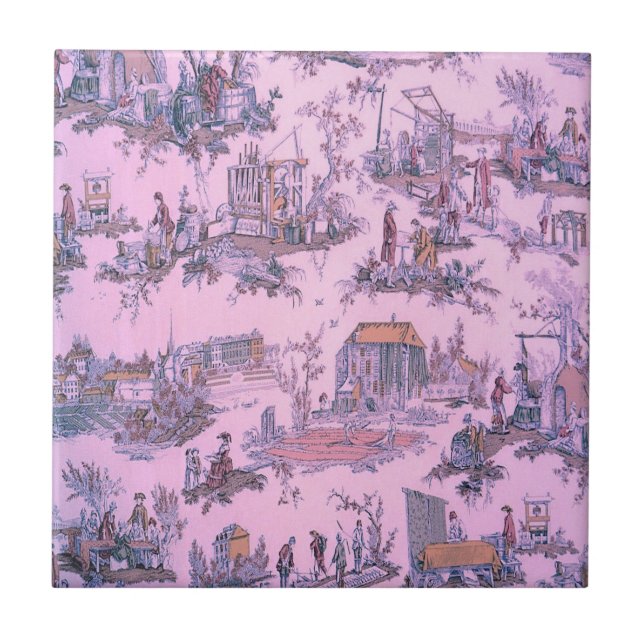French Pink Toile de Jouy Chinoiserie Style Rustic Ceramic Tile (Front)