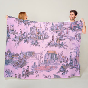 French Pink Toile de Jouy Chinoiserie Style Rustic Fleece Blanket