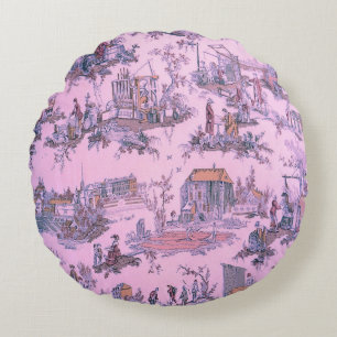 French Pink Toile de Jouy Chinoiserie Style Rustic Round Cushion