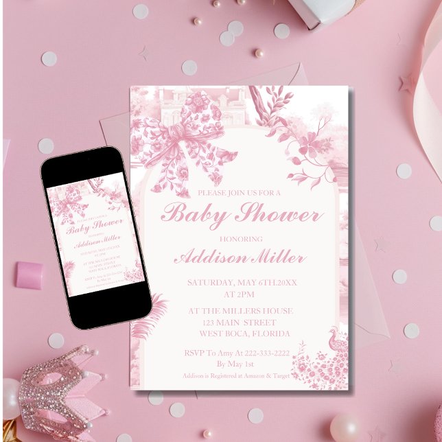 French Pink Toile Floral Bow Baby Girl Shower Save The Date (Creator Uploaded)